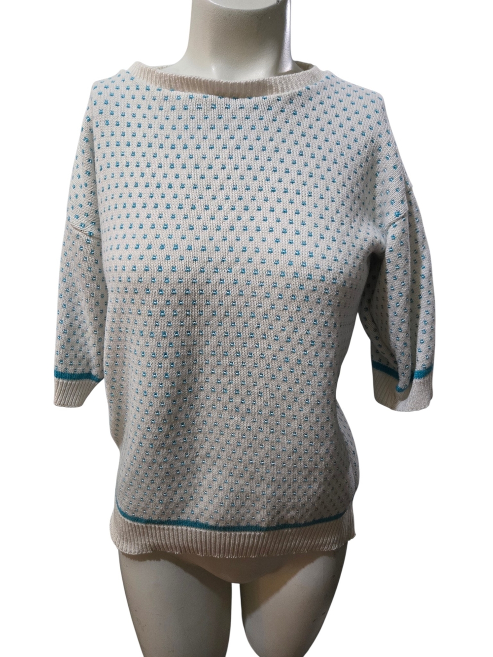 Vintage Spunky USA 100% Cotton Sweater Women's White Blue Dot Knit 3/4 Sleeve